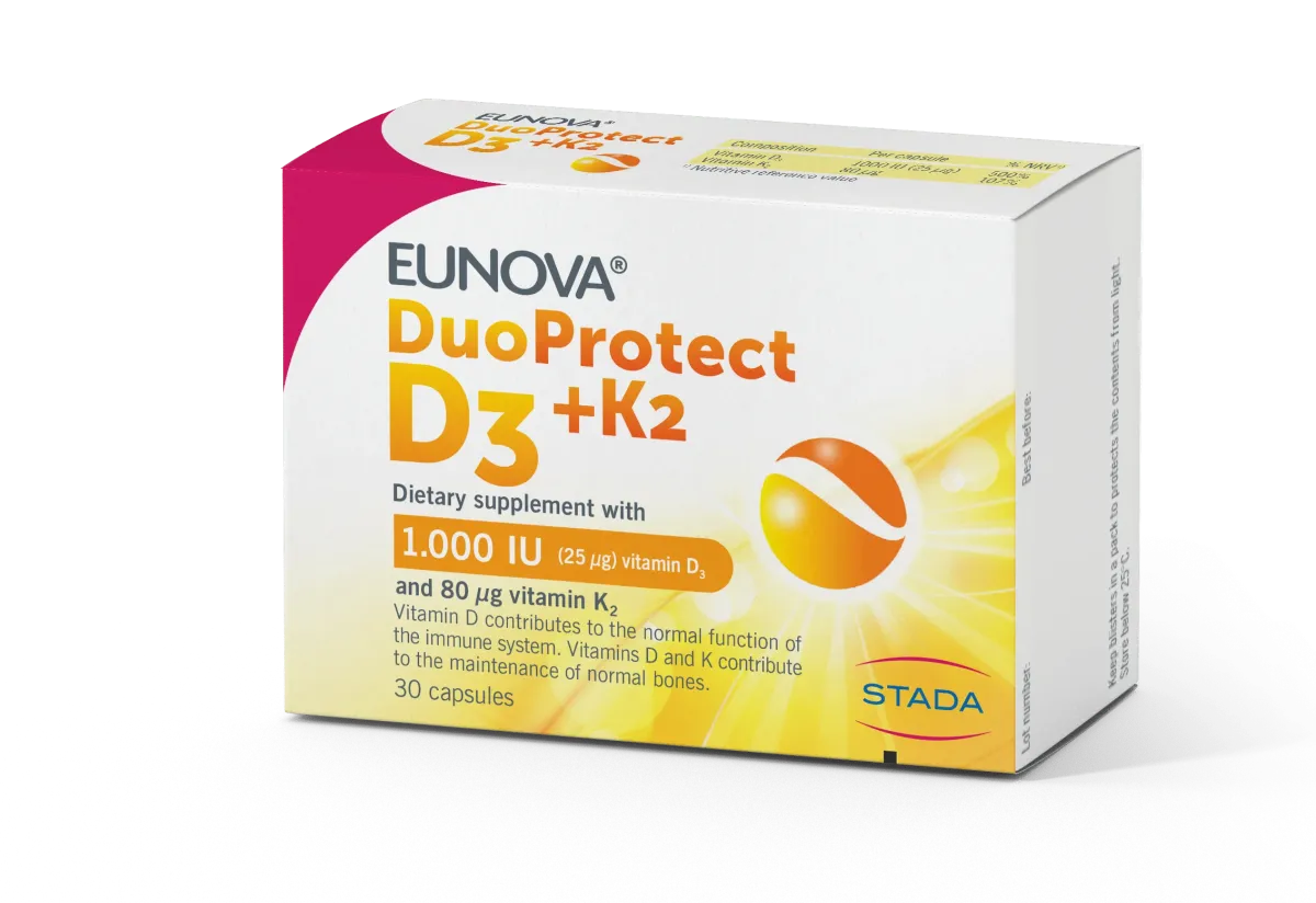 EUNOVA DuoProtect D3+K2 (1000IU/25 µg vitamina D3 + 80 µg vitamina K2) 30 kapsula