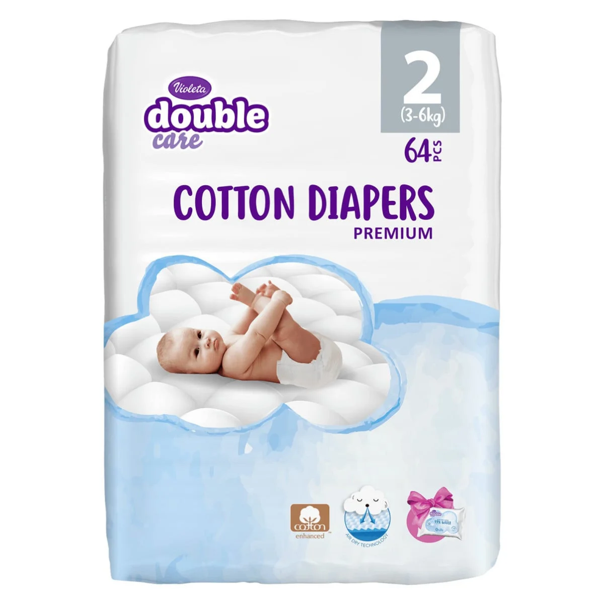Pelene Violeta Double Care Premium Cotton Mini, veličina 2 (3-6 kg) 64 kom