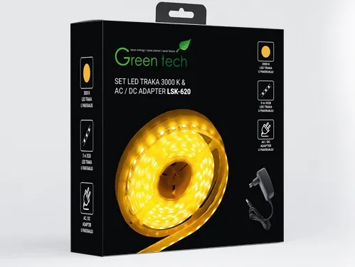 LED traka 5m + adapter Green Tech 4,8 W_m, 3528, 60 LED, 3000K, IP65