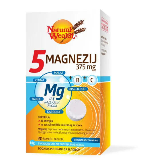 NATURAL WEALTH 5 MAGNEZIJ 375 mg + B + C 20 šumećih tableta