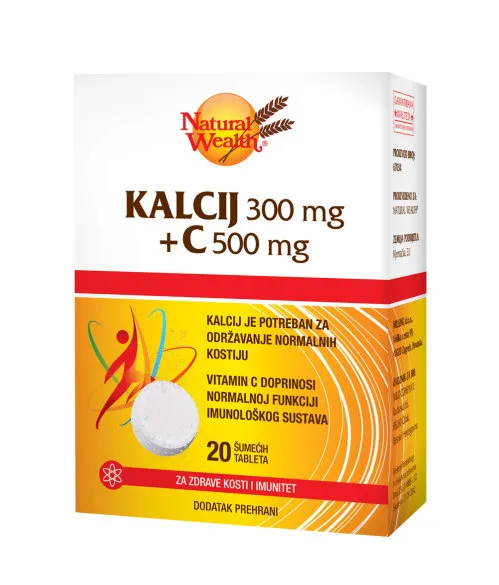 NATURAL WEALTH Kalcij 300 mg + C 500 mg šumeće tablete a 20, Dodatak prehrani za jake kosti i imunitet