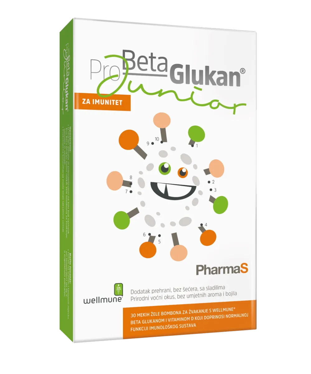 PHARMAS Pro Beta Glukan Junior a30, Dodatak prehrani za djecu s Wellmune® beta glukanom i vitaminom D koji doprinosi normalnoj funkciji imunološkog sustava.