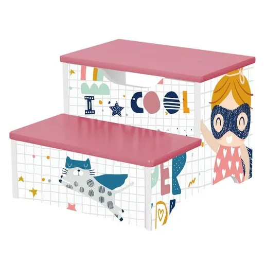 KINDER HOME dječja stolica, drvene stepenice na 2 nivoa, roza, SUPER DEVOJČICA TF-6019