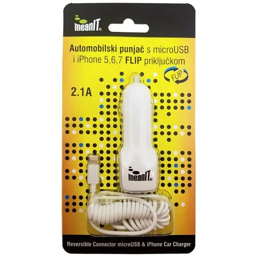 Meanit Auto punjač za smartphone/iPHONE, 2.1A, FLIP konektor  - AUTO PUNJAČ SMARTPHONE/iPHONE