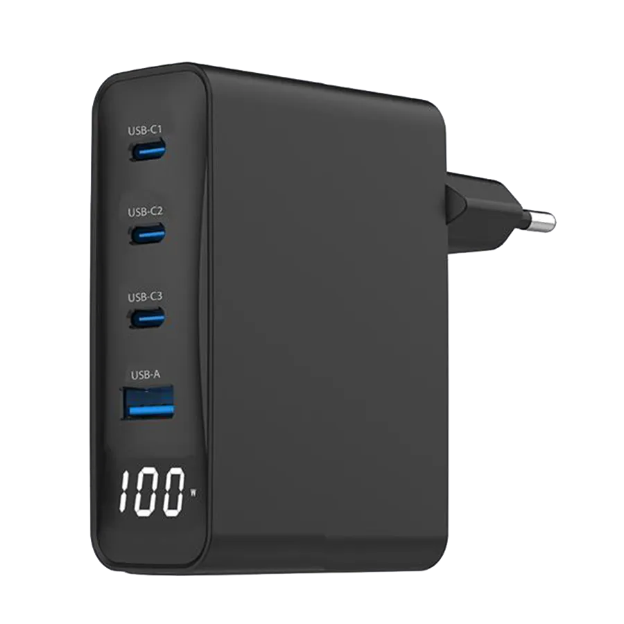 USB punjač 3xType-C + USB-A , 4-port 100W GaN USB fast charger, LCD, black, GEMBIRD, TA-UC-PDQC100LCD-01-BK