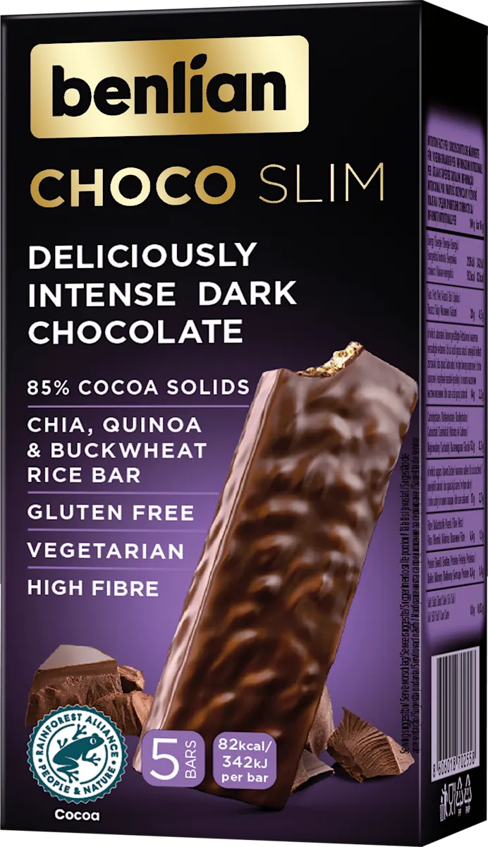 CHOCO SLIM snek proizvod od ekspandiranog pirinča sa čokoladnim prelivom sa 85% kakao delova, 5x16g, 80 g