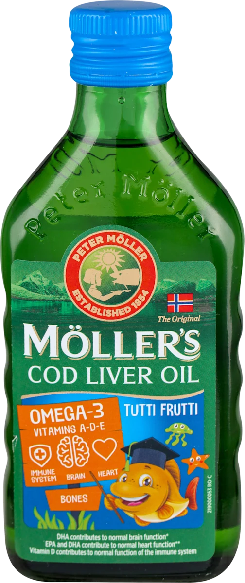 COLD LIVER OIL OMEGA-3 ulje jetre bakalara: Vitamini A-D-E - tutti frutti, 250 ml