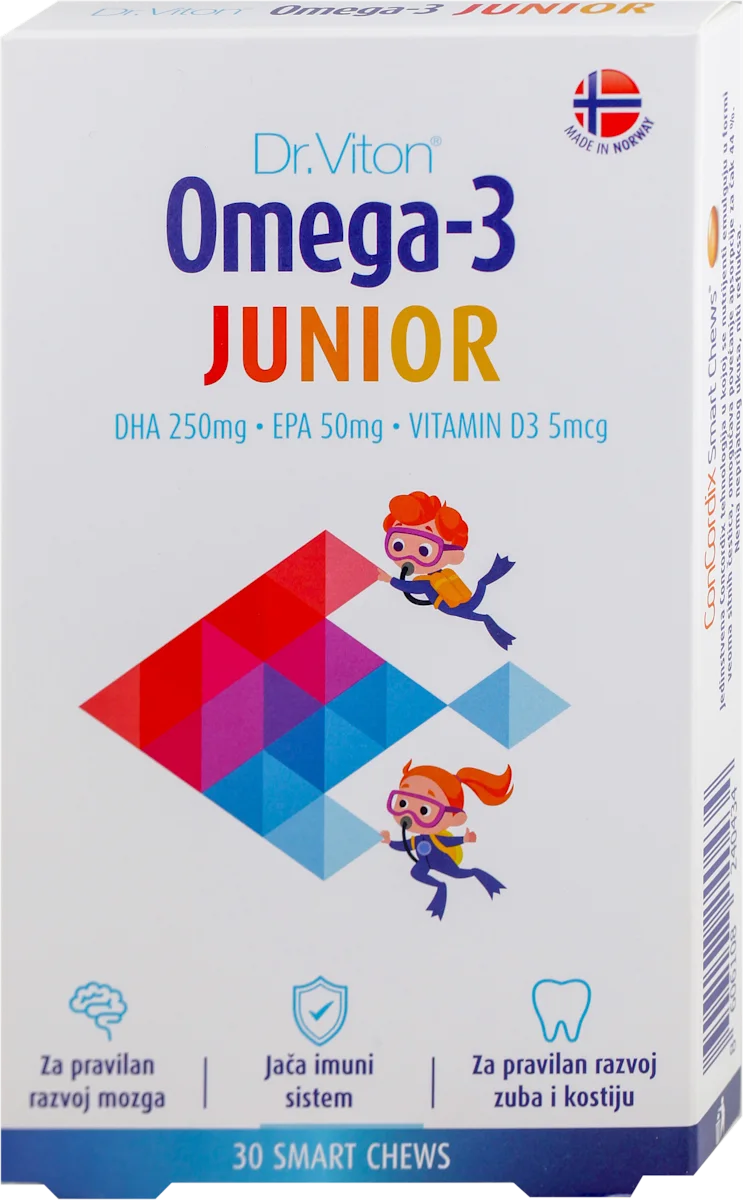 Omega-3 JUNIOR meke tablete za žvakanje - DHA 250mg + EPA 50mg + VITAMIN D 5mcg , sa zaslađivačima, 30 kom
