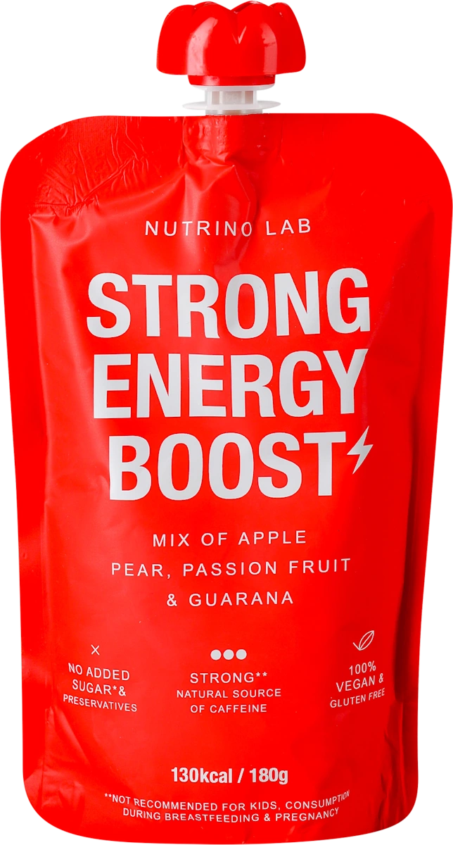STRONG ENERGY BOOST voćna kaša - jabuka, kruška i marakuja sa dodatkom guarana praha, 180 g