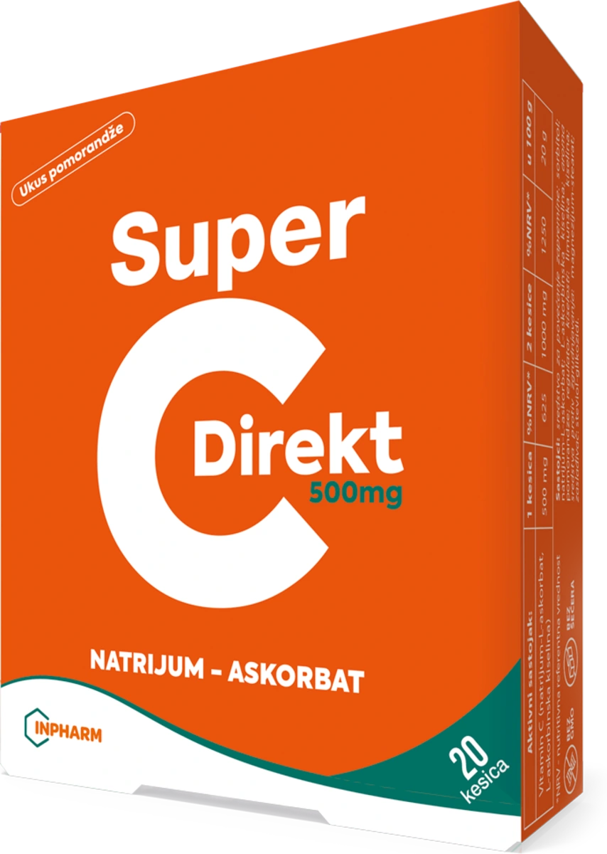 Super C Direkt 500mg NATRIJUM-ASKORBAT kesice; dodatak ishrani bez šećera sa zaslađivačem, 20 kom