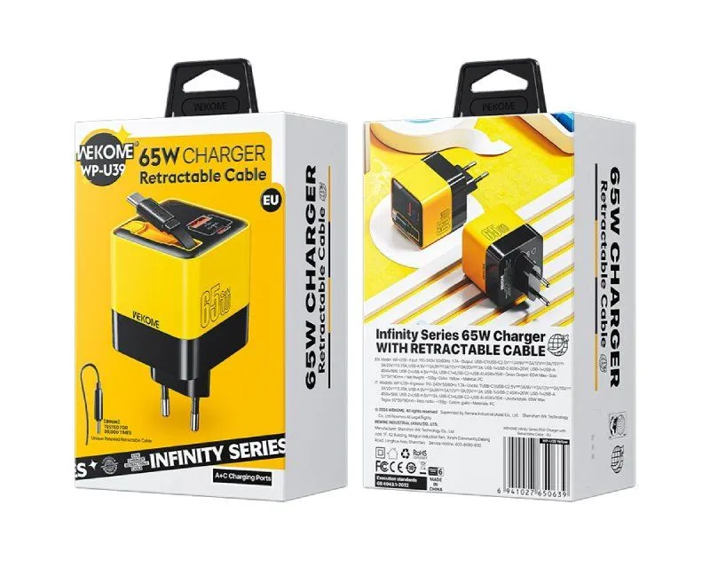 WEKOME WP-U39 Superbrzi Strujni GaN punjač, 2-porta USB (3.0 i 3.1 tip C) 65W sa displlejom i USB 3.1 tip C kablom 0.8m, žuti