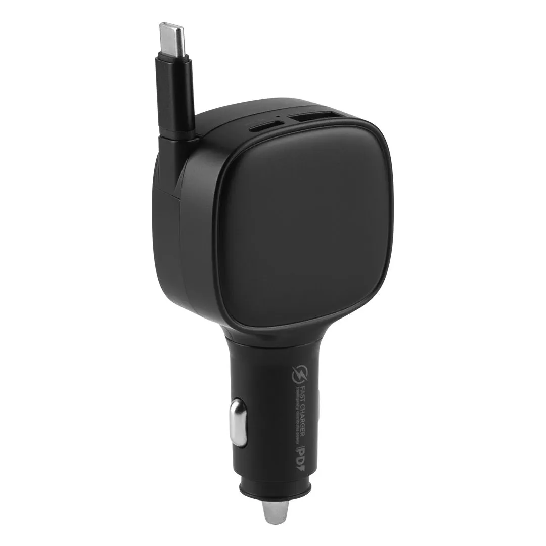 Auto punjač HAMILTON 84W sa uvlačivim kablom – 3 uređaja/ PD/PPS/ 12–24 V/ crni
