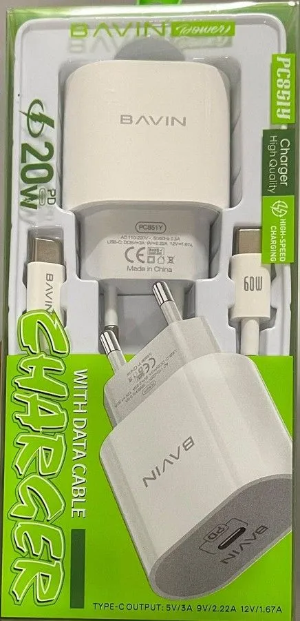 Bavin punjač 20W USB-C + kabl type-C 60W bela - PC851Y