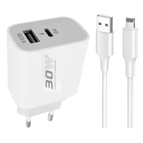 Brzi kućni punjač 30W Pd+USB +USB Type-C/ bela
