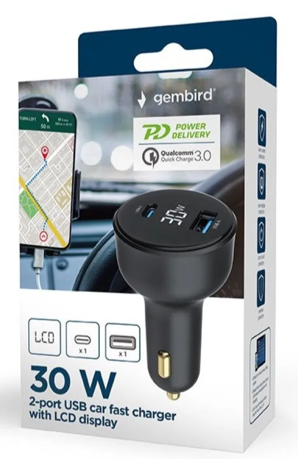 GEMBIRD Brzi auto punjač 2-port USB Type-C TA-UC-AC2PD30LCD-CAR-01/ 30W/ crna