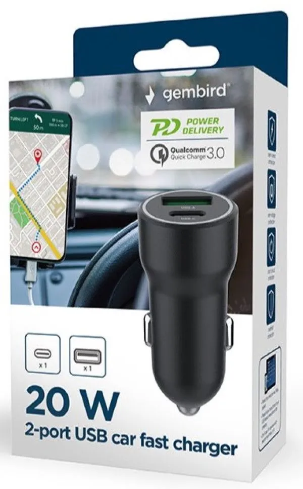 GEMBIRD Brzi auto punjač TA-UC-A2PDQC20-CAR-01/ crna