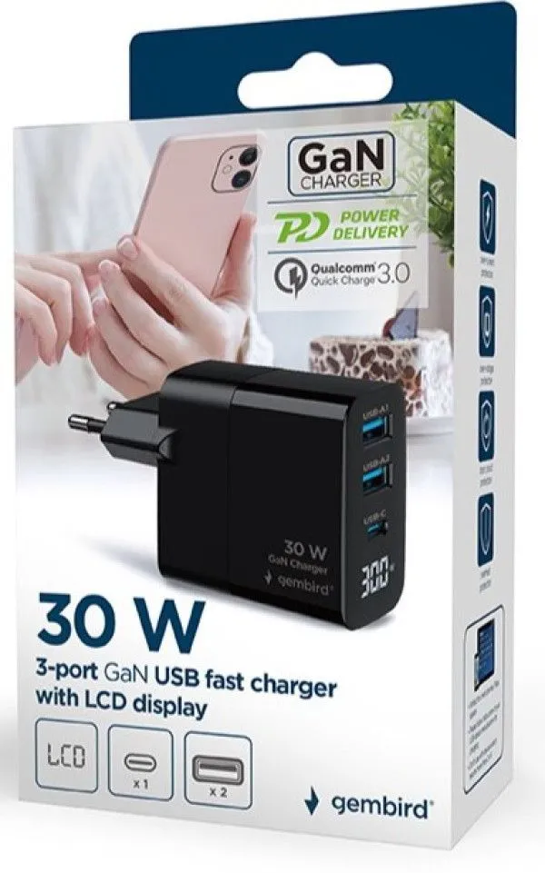 OSTALO TA-UC-PDQC30LCD-BK-02 Gembird GaN USB brzi punjac/ 30W 3-port (2xUSB-A+ USB-C)