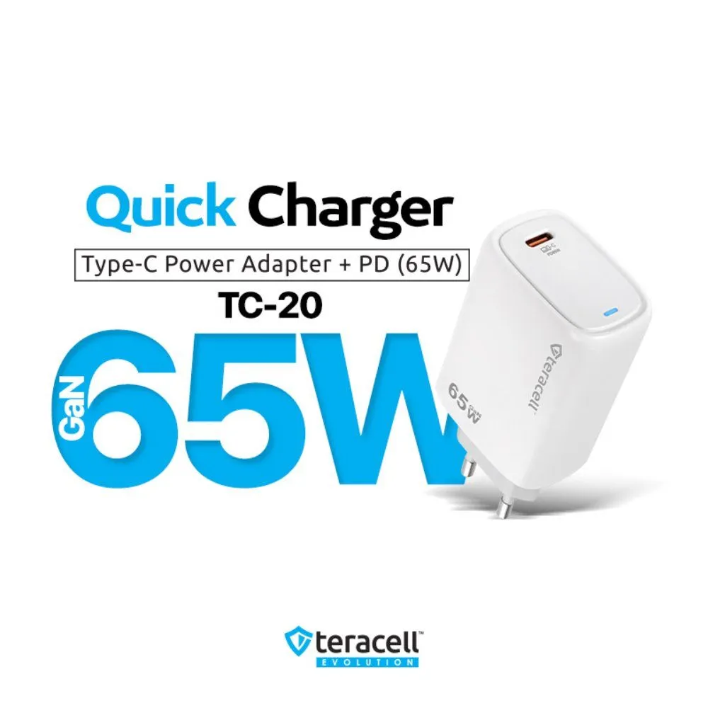 Kucni punjac Teracell Evolution TC-20/ GAN/ PD Fast charging 65W sa PD type C kablom beli CE