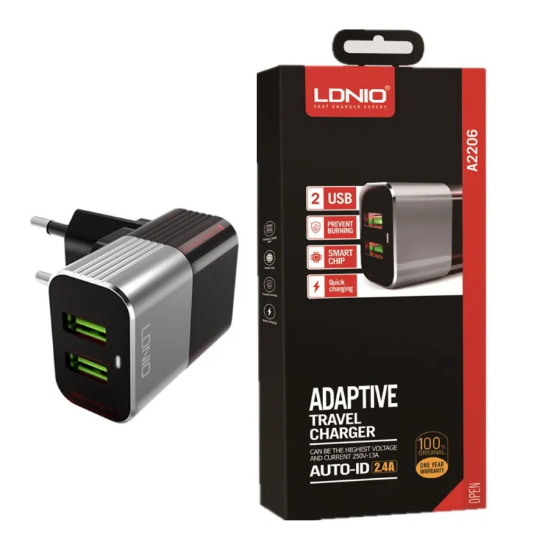 Kućni punjač LDNIO A2206 2XUSB 2.4A + iPhone Lightning  kabel crno sivi