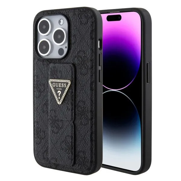 LICENSED GUESS GUESS maska za iPhone 15 Pro Max GRIPSTAND 4G TRIANGLE STRASS/ crna