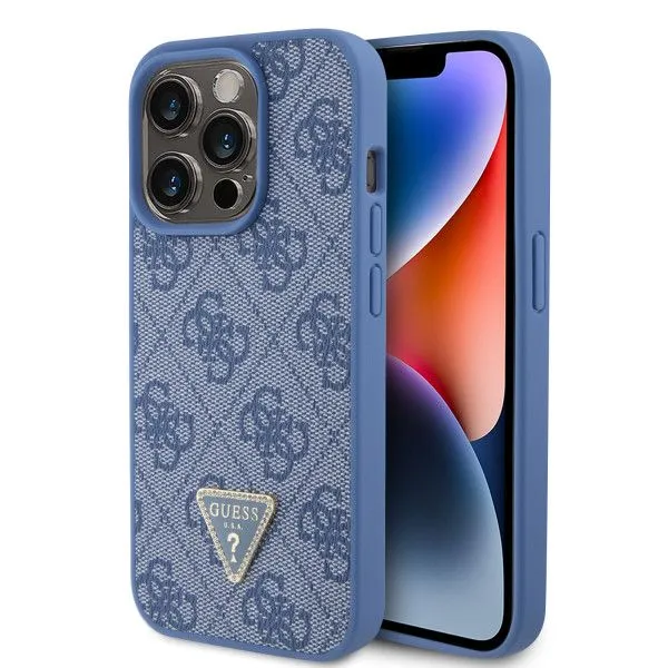 LICENSED GUESS Maska za iPhone 15 Pro LEATHER 4G TRIANGLE STRASS/ plava