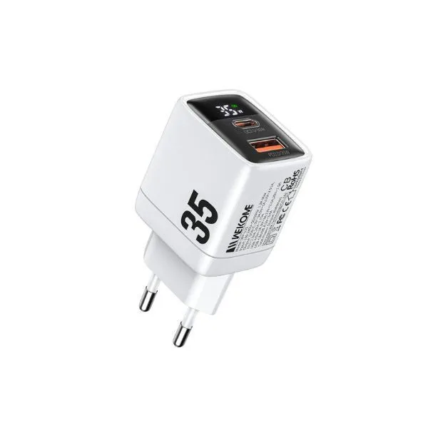 WEKOME Punjač WP-U25 Super brzi/ 2-porta USB (3.0 i 3.1 Tip-C) 35W/ sa displejom/ bela