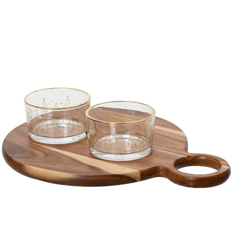 Daska za serviranje - sa dve staklene posude - 33 x 26 x 7 cm 