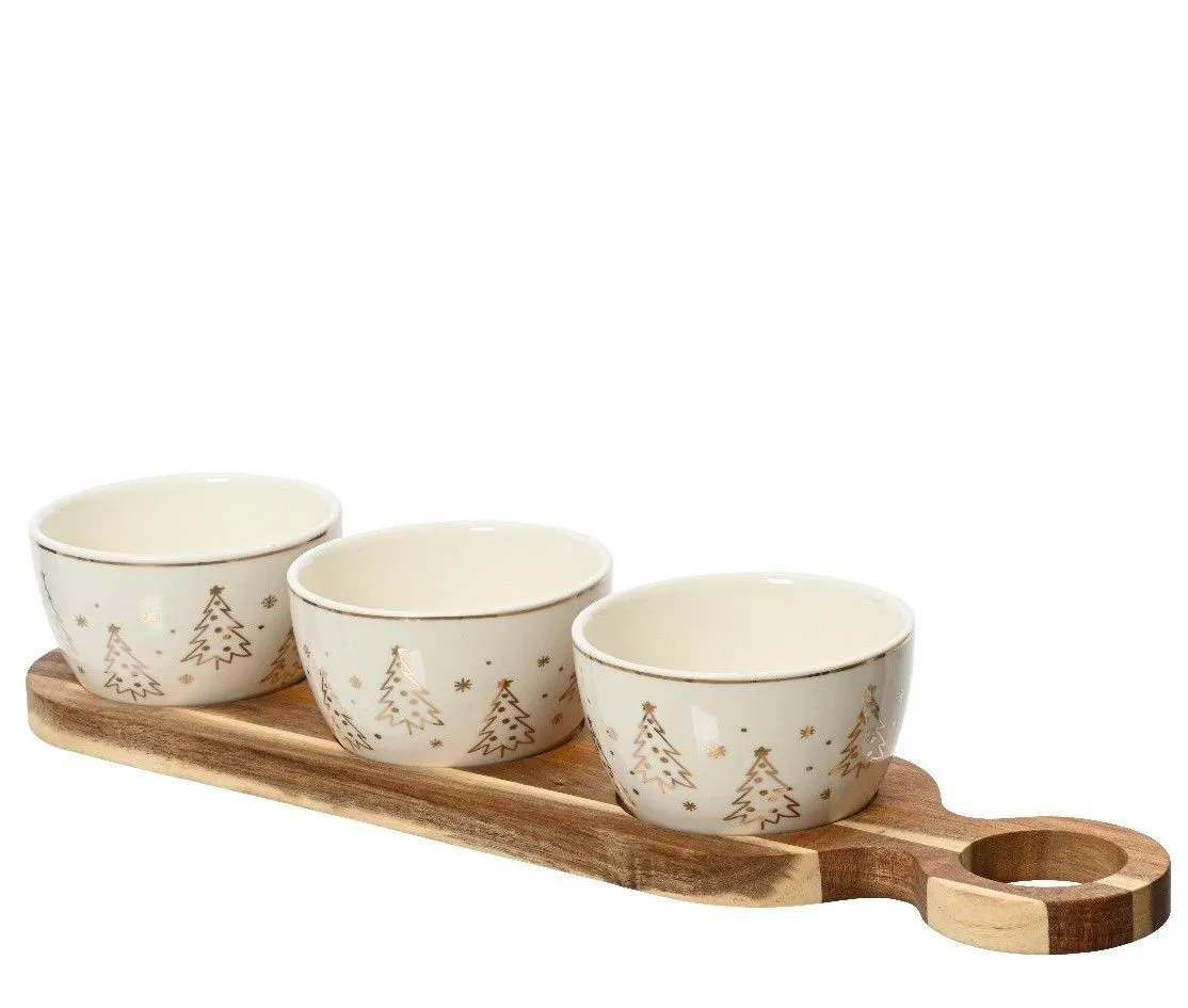 Daska za serviranje - sa tri keramičke posude - 38 x 10 x 8 cm