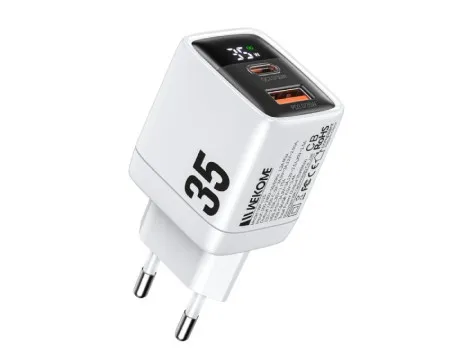 Wekome WP-U25 Superbrzi Strujni GaN Punjač, 2-porta USB (3.0 i 3.1 Tip-C) 35W, sa displejom, beli