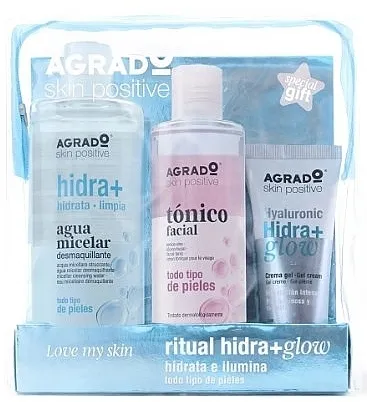 Agrado Hidra+Glow Ritual Toiletry Bag (cl/wat/400ml + cr/75ml + f/toner/250ml) Set