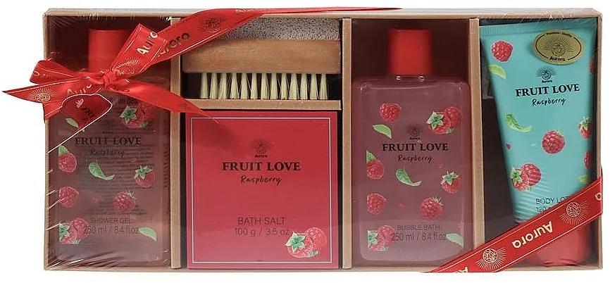Aurora Fruit Love Raspberry (b/foam/250ml + sh/gel/250ml + b/lot/120ml + b/salt/100g + acc/1pc) Set