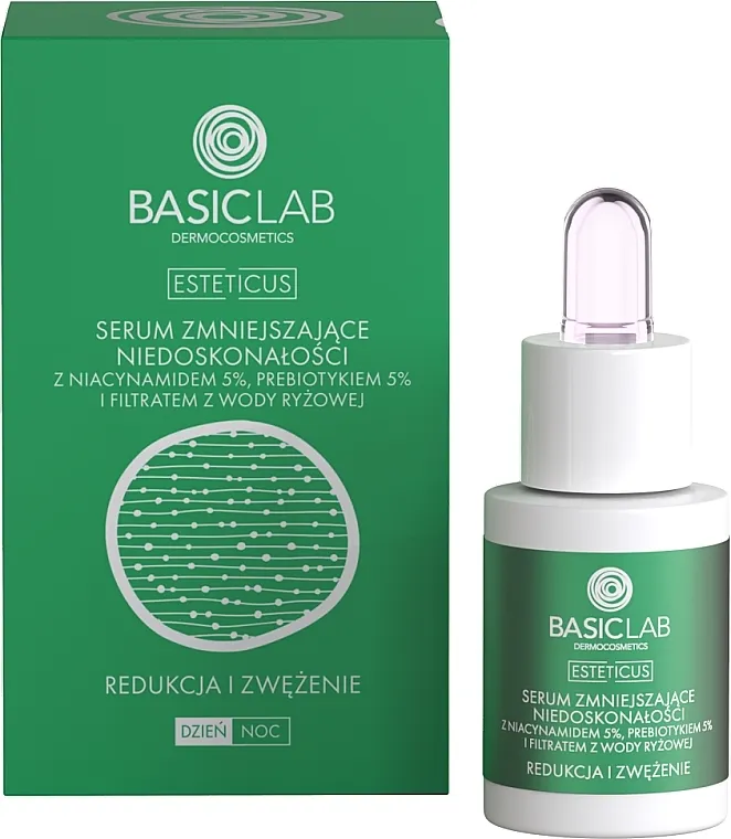 BasicLab Dermocosmetics Esteticus Serum za kožu s nesavršenostima s niacinamidom 5%, prebiotikom 5% i filtratom rižine vode.