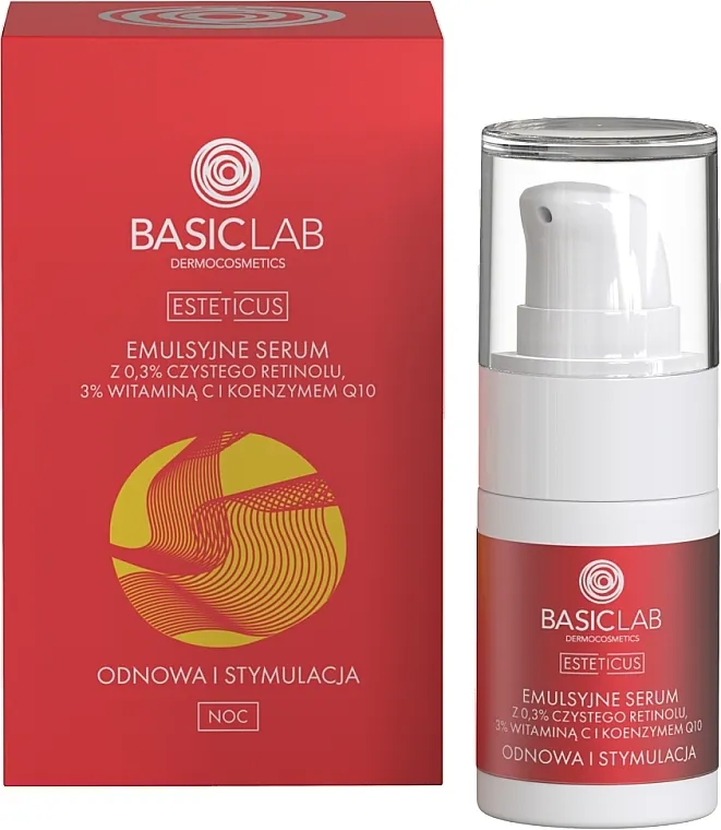 BasicLab Dermocosmetics Esteticus Serum za lice s 0,3% čistim retinolom, 3% vitaminom C i koenzimom Q10 "Obnova i stimulacija"