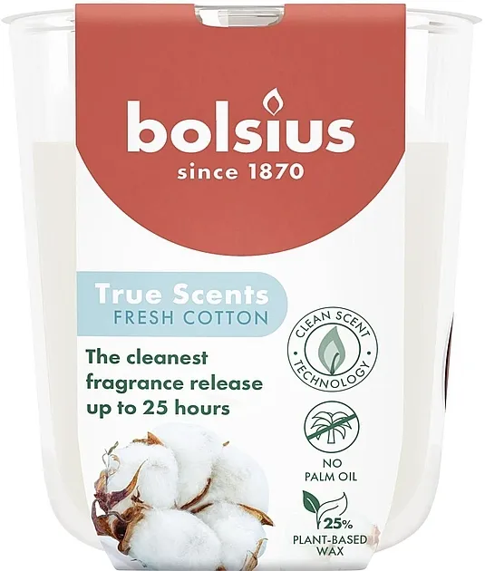Bolsius True Scents Fresh Cotton Mirisna sveća u staklu "Sveža pamuk", veličina 80x73 mm
