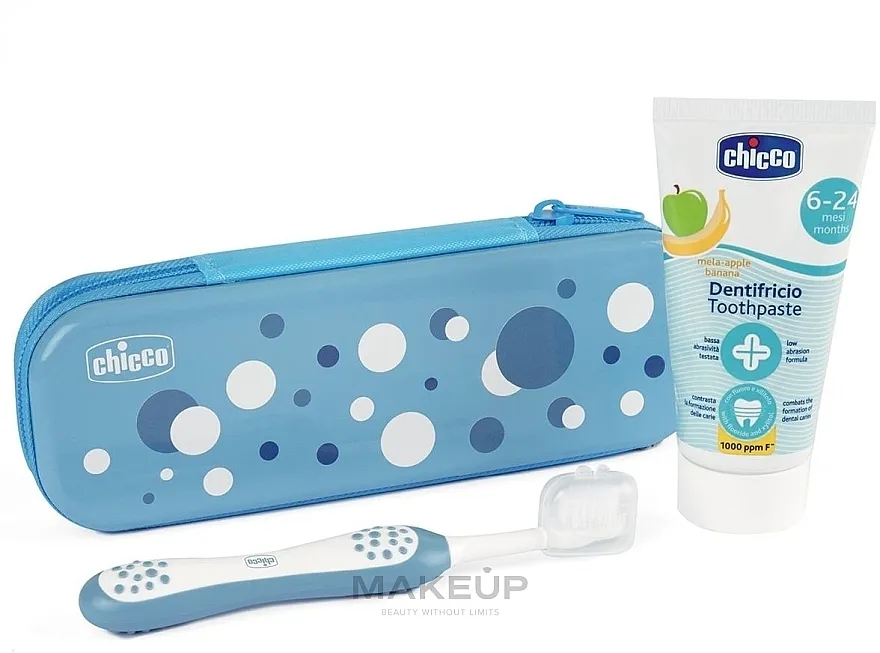Chicco First Milk Teeth (toothbrush/1pc + toothpast/50ml + bag/1pc) Putni komplet, 6-24 meseci, plavo