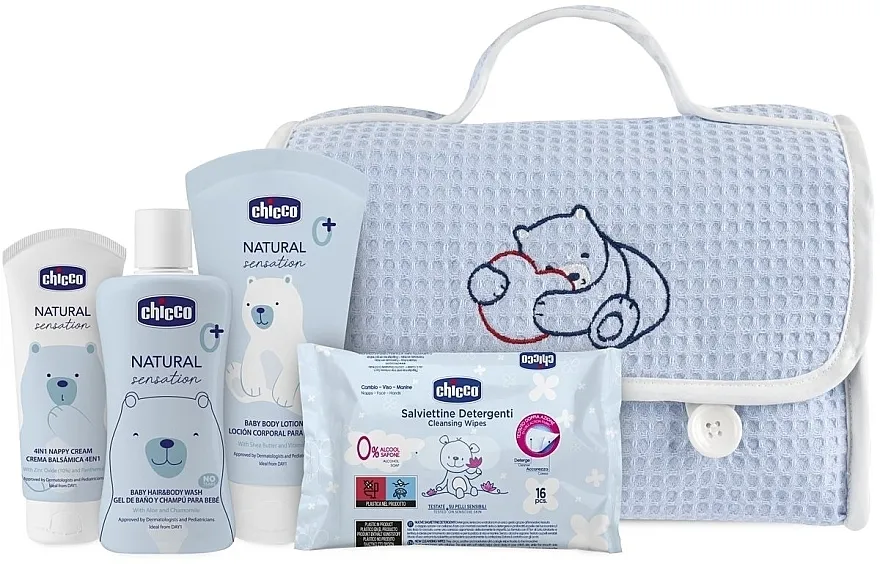 Chicco Natural Sensation Blue Set (cr/100ml + gel/sh/200ml + b/milk/30ml + wet/wipes/16pcs) Set, 4 proizvoda