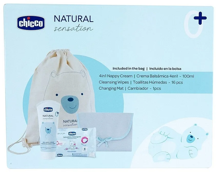Chicco Natural Sensation Set (cr/100ml + wet/wipes/16pcs + mat + bag) Set, 4 proizvoda