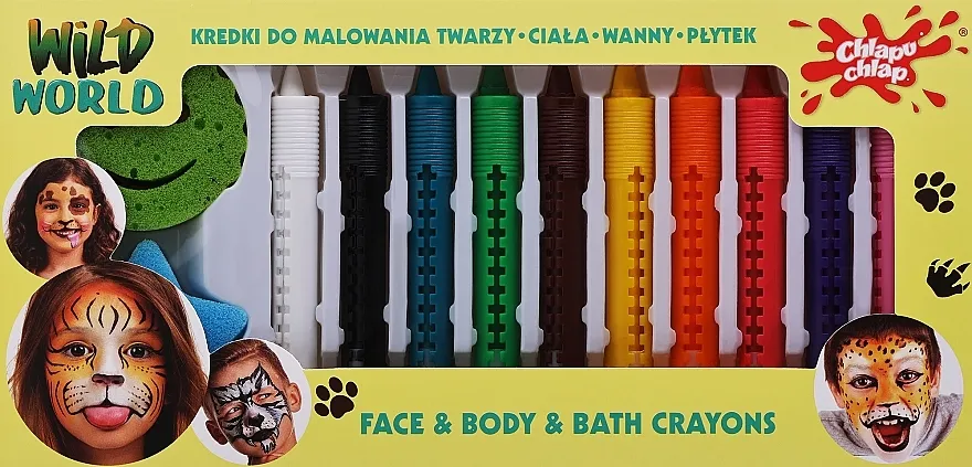 Chlapu Chlap Wild World Face &amp; Body Bath Crayons (crayon/9pcs + sponge/2pcs) Krejoni za crtanje po licu, telu, kadi, pločicama