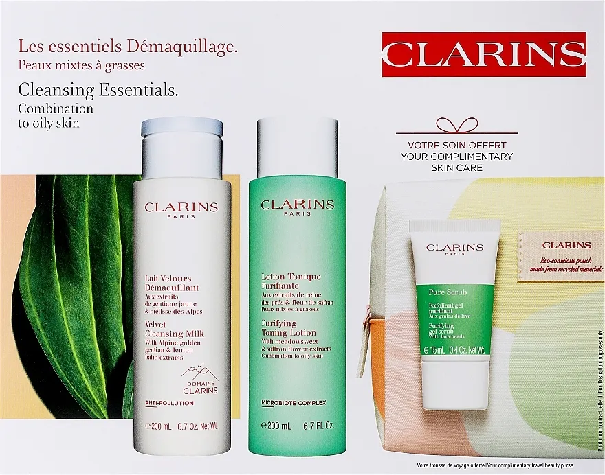 Clarins Cleansing Bag Combination &amp; Oily Skin (cl milk/200ml + f/lot/200ml + f/scr/15ml + bag/1pc) Set