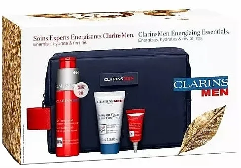 Clarins Men Energizing Essentials (f/gel/50ml + eye/gel/3ml + f/wash/30ml + ser/sample/0.9ml + bag) Set