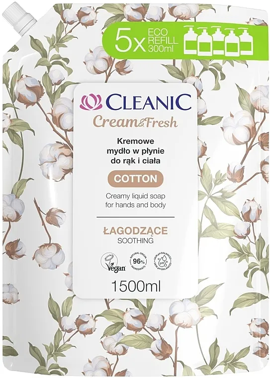 Cleanic Cream And Fresh Cotton Creamy Liquid Soap For Hands And Body Kremasti tečni sapun za ruke i telo Pamuk (doypack)