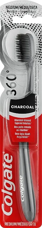 Colgate 360 Charcoal Infused Toothbrush Medium Bristles Četkica za zube srednje tvrda, crna i ružičasta