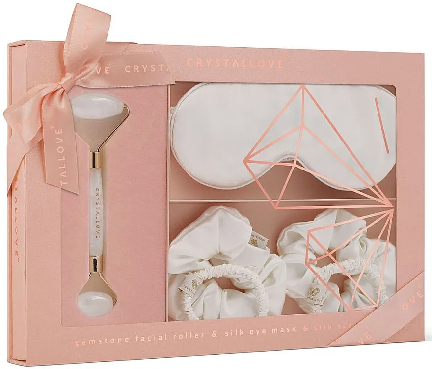 Crystallove Clear Quartz Home SPA (roller/1pc + eye/mask/1pc + large/scrun/2pcs + small/scrun/2pcs) Set