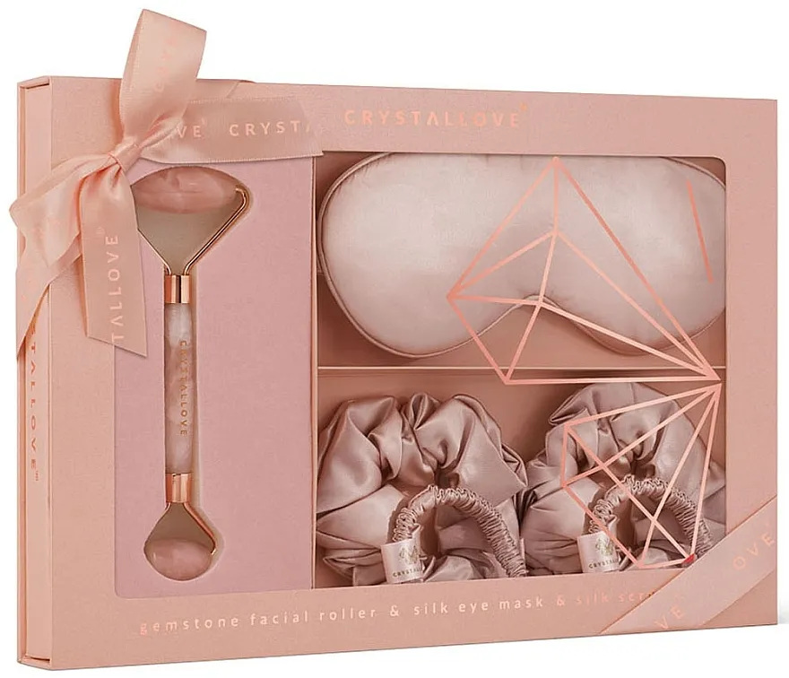Crystallove Rose Quartz Home SPA (roller/1pc + eye/mask/1pc + large/scrun/2pcs + small/scrun/2pcs) Set