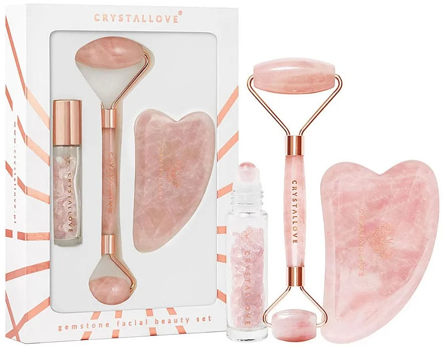 Crystallove Rose Quartz Roller And Gua Sha (massager Gua Sha + 3D roller + b/oil/10ml) Set