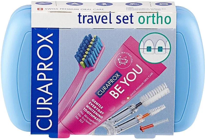 Curaprox Ortho Travel Set (tbr/1pc + paste/10ml + brush/3pc + bag) Orthodontic Travel Set, blue