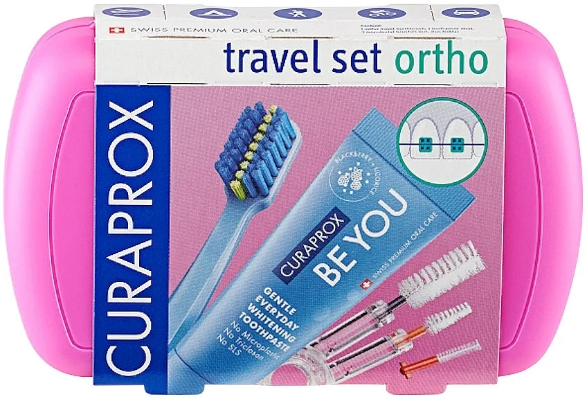 Curaprox Ortho Travel Set (tbr/1pc + paste/10ml + brush/3pc + bag) Ortodonski putni komplet, roze