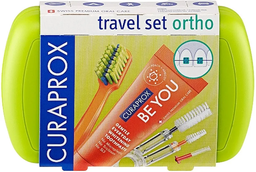 Curaprox Ortho Travel Set (tbr/1pc + paste/10ml + brush/3pc + bag) Putni ortodontski set, zeleni