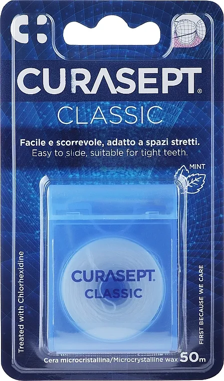 Curasept Classic Waxed Dental Floss Chlorhexidine Zubni konac, 50 m, sa ukusom mente