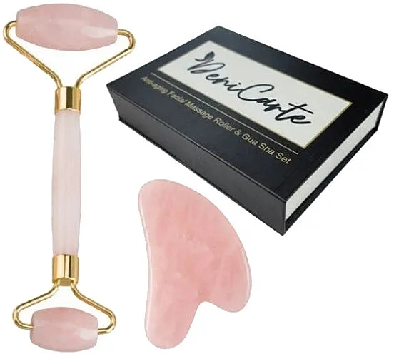 Deni Carte Massage Roller + Gua Sha Box (2 szt.) Set masažera za lice, ružičasti kvarc